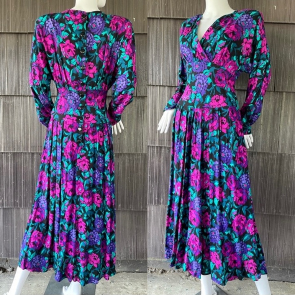 🔥VTG 80s preferred Elements Dolman Floral Multicolor Pleated Maxi Dress Romantic